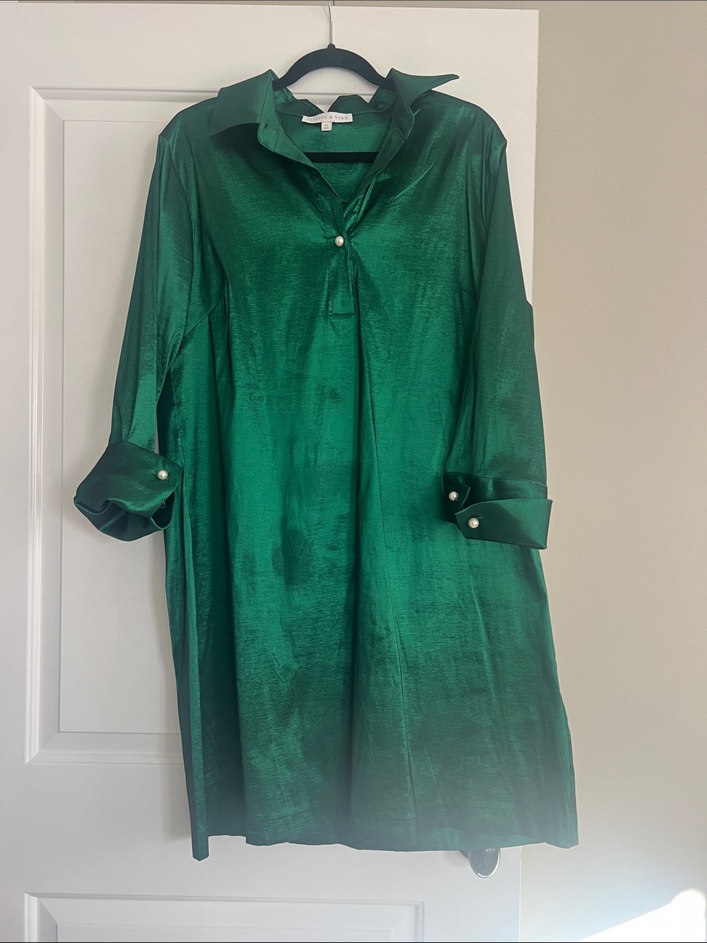 Preston & York Emerald Green Satin Shirt Dress with Pearl Detail